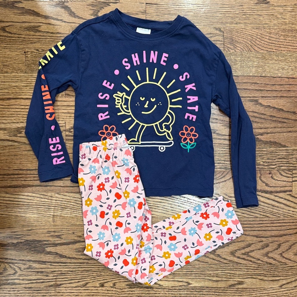 Hanna Anderson Navy 'Rise Shine Skate' Long Sleeve & Floral Pants Set Size 6-7